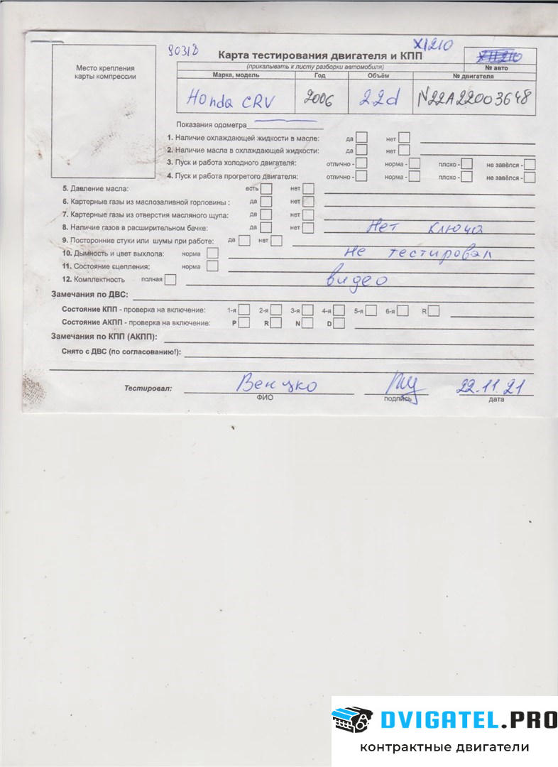 Двигатель Honda CR-V 2002 - 2006 N22A2 2.2 л., Дизель, CTDi, артикул 7088500